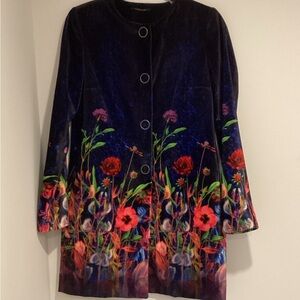 T Tahari  Navy Blue and Floral Velvety Coat